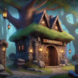 A detailed image of the exterior of a magic store in a Dungeons and Dragons setting