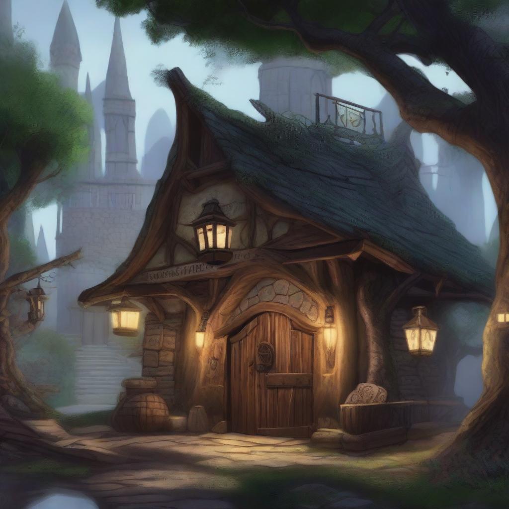 A detailed image of the exterior of a magic store in a Dungeons and Dragons setting