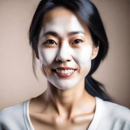 Create an image of an attractive Asian woman in her 40s with milk on her face