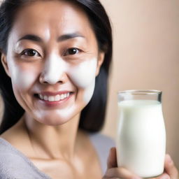 Create an image of an attractive Asian woman in her 40s with milk on her face