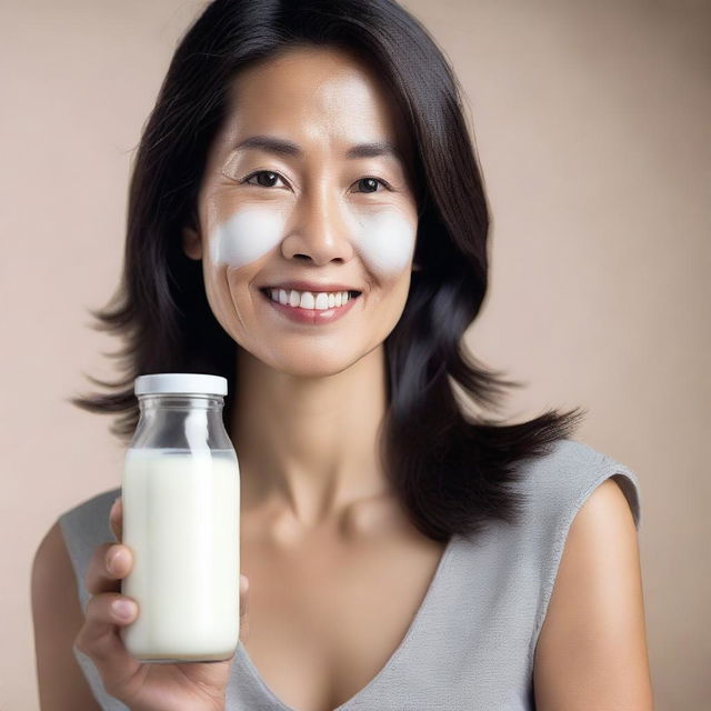 Create an image of an attractive Asian woman in her 40s with milk on her face