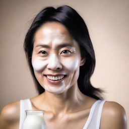 Create an image of an attractive Asian woman in her 40s with milk on her face