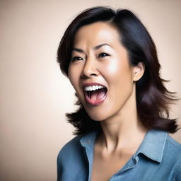 Create an image of an attractive Asian woman in her 40s with her mouth open and tongue out