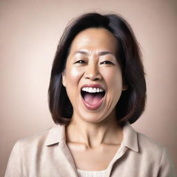 Create an image of an attractive Asian woman in her 40s with her mouth open and tongue out