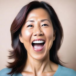 Create an image of an attractive Asian woman in her 40s with her mouth open and tongue out