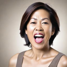 Create an image of an attractive Asian woman in her 40s with her mouth open and tongue out