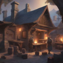 A detailed image of a blacksmith shop located outside in a Dungeons and Dragons setting