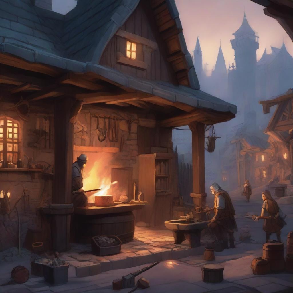 A detailed image of a blacksmith shop located outside in a Dungeons and Dragons setting