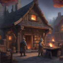 A detailed image of a blacksmith shop located outside in a Dungeons and Dragons setting