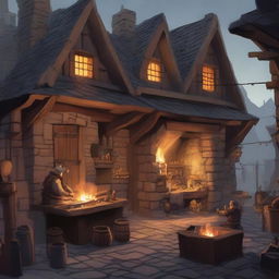 A detailed image of a blacksmith shop located outside in a Dungeons and Dragons setting