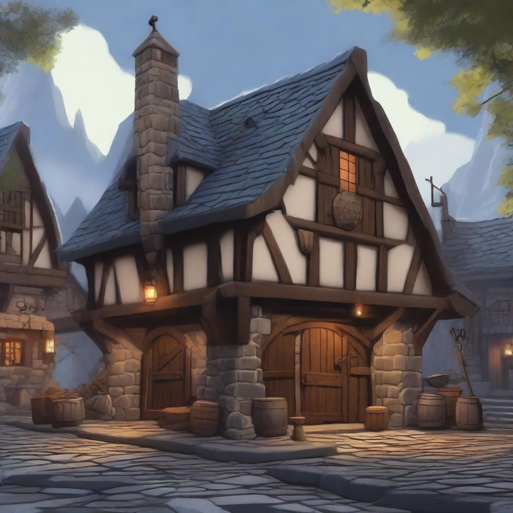 A detailed image of the exterior of a blacksmith shop in a Dungeons and Dragons setting