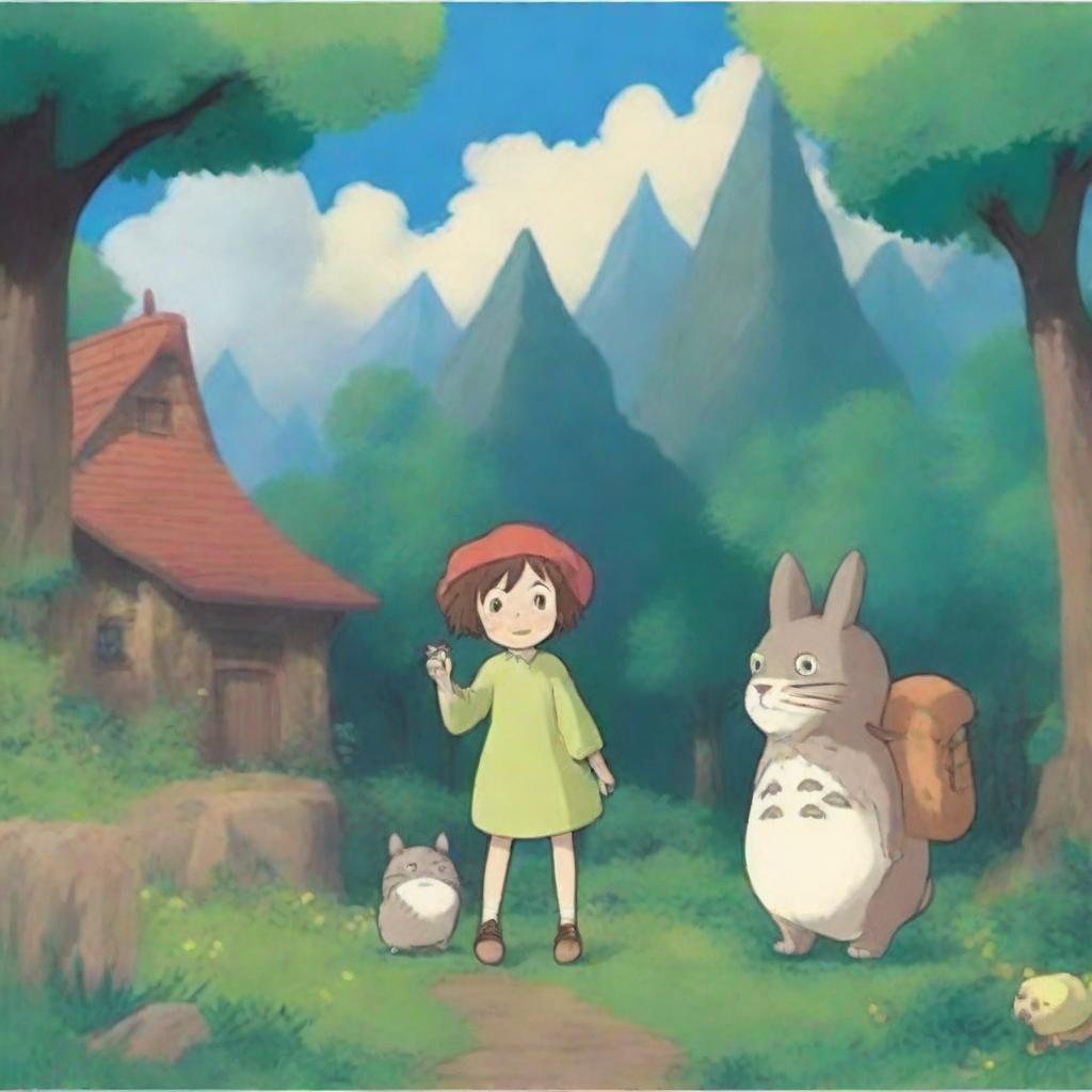 Create an enchanting scene featuring characters in the style of Studio Ghibli