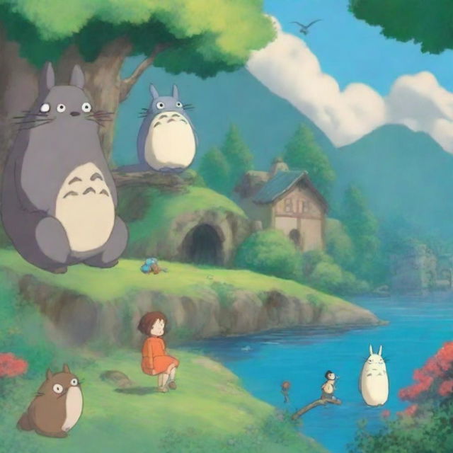 Create an enchanting scene featuring characters in the style of Studio Ghibli