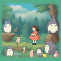 Create an enchanting scene featuring characters in the style of Studio Ghibli