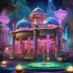 A detailed image of a grand casino situated outside in a fantasy world