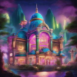 A detailed image of a grand casino situated outside in a fantasy world
