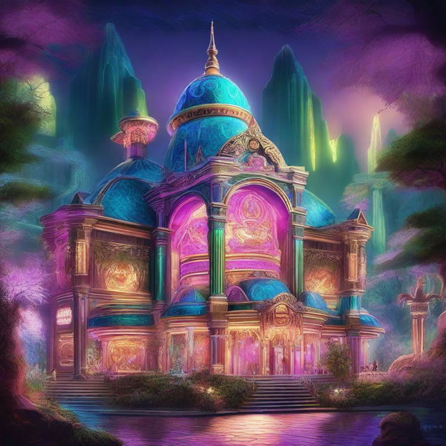 A detailed image of a grand casino situated outside in a fantasy world