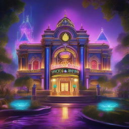 A detailed image of a grand casino situated outside in a fantasy world