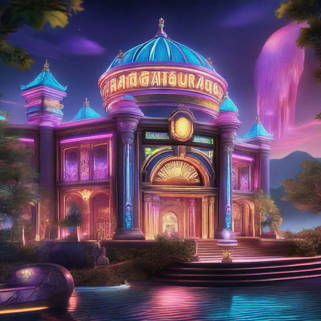 A detailed image of a grand casino situated outside in a fantasy world