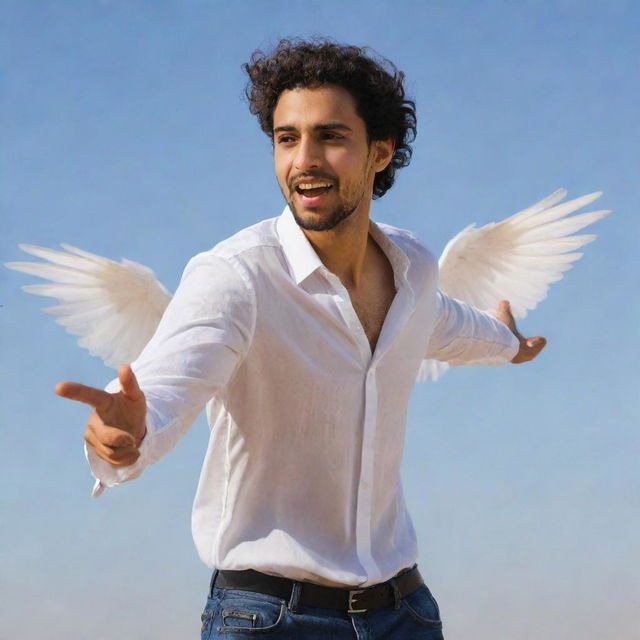 An image of a young man with Arab features, sporting a light beard and wings, trying to fly.