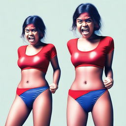 A girl is shown changing her inner clothes from blue to red