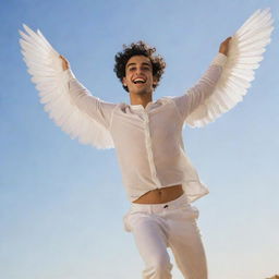 An image of a young man with Arab features, sporting a light beard and wings, trying to fly.