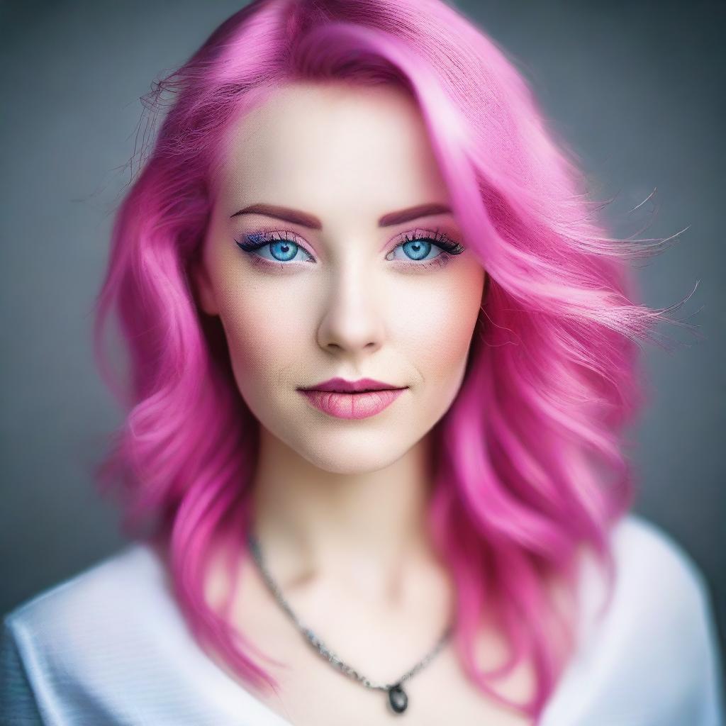 A very beautiful girl with striking blue eyes and vibrant pink hair is shown