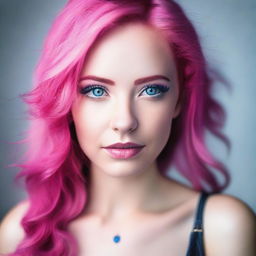 A very beautiful girl with striking blue eyes and vibrant pink hair is shown