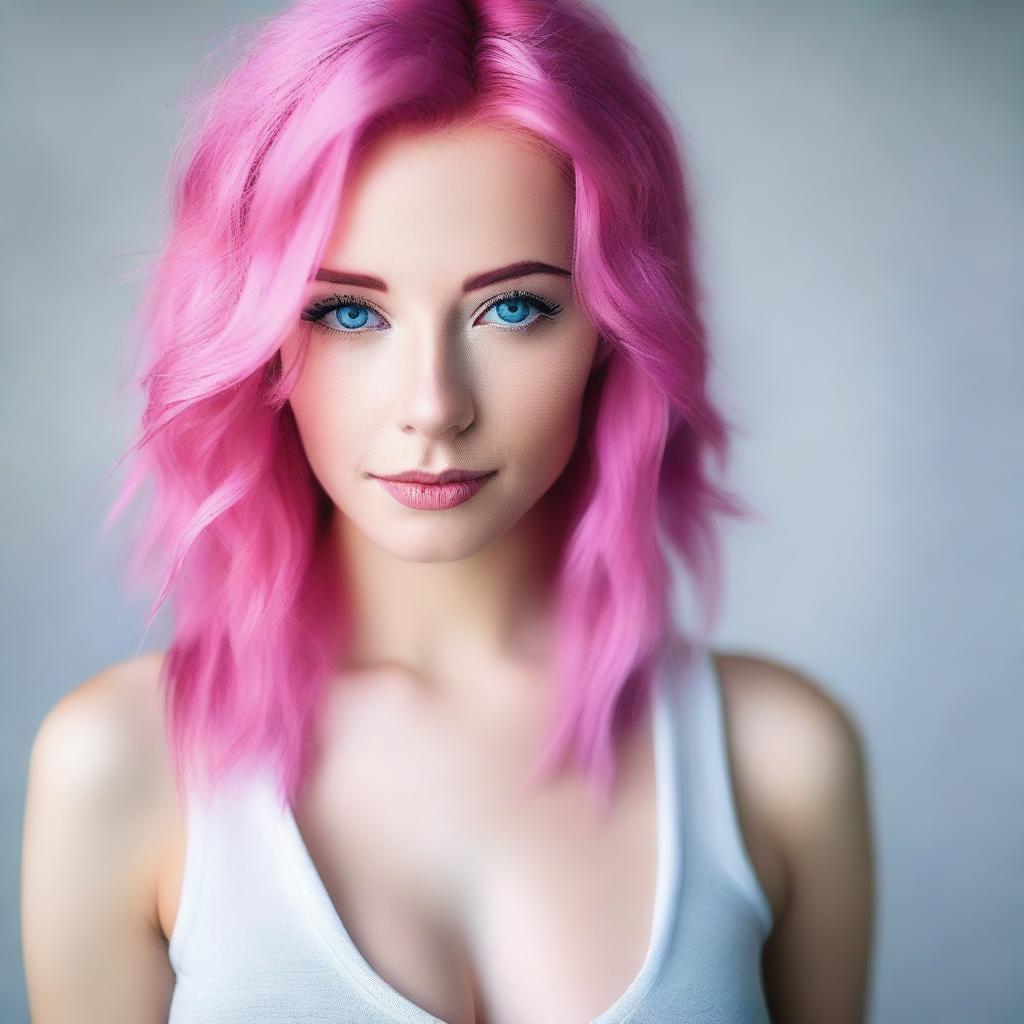 A very beautiful girl with striking blue eyes and vibrant pink hair is shown