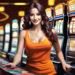 Create an image of a beautiful woman wearing an orange outfit playing a slot machine