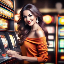 Create an image of a beautiful woman wearing an orange outfit playing a slot machine