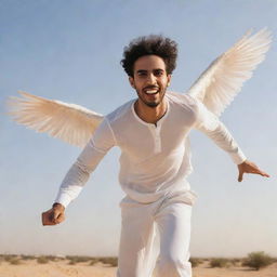 An image of a young man with Arab features, sporting a light beard and wings, trying to fly.