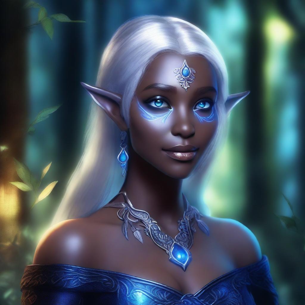 A female Drow elf with shoulder-length hair and striking blue eyes