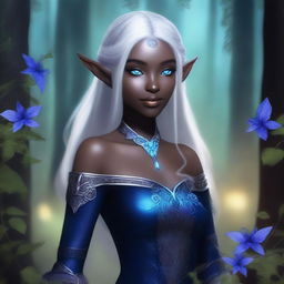 A female Drow elf with shoulder-length hair and striking blue eyes