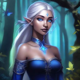 A female Drow elf with shoulder-length hair and striking blue eyes