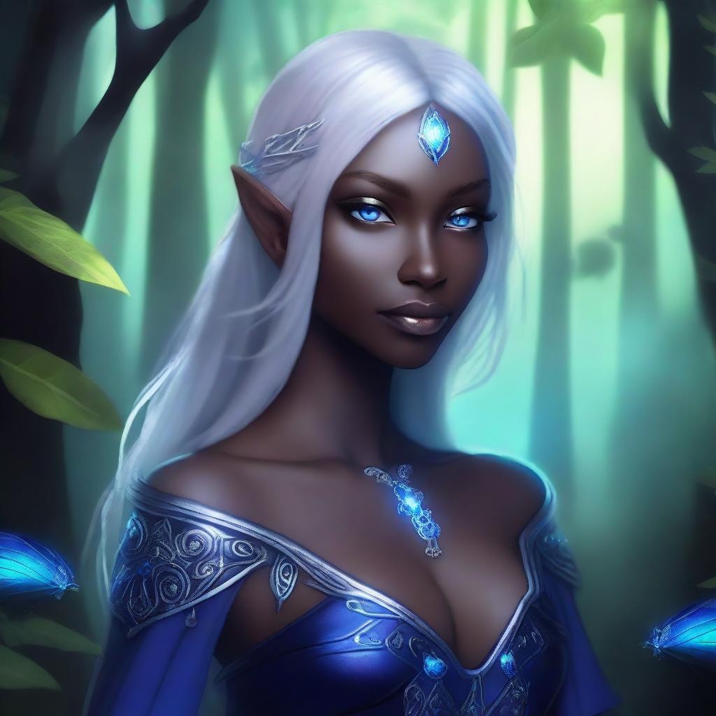 A female Drow elf with shoulder-length hair and striking blue eyes