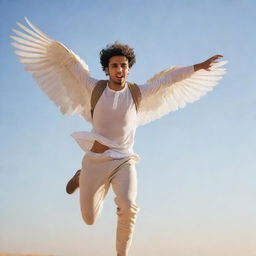 An image of a young man with Arab features, sporting a light beard and wings, trying to fly.