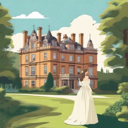 A simple vector image of a British landscape featuring a grand manor house