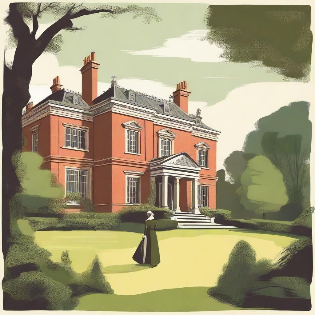 A simple vector image of a British landscape featuring a grand manor house