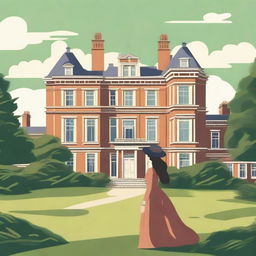 A simple vector image of a British landscape featuring a grand manor house