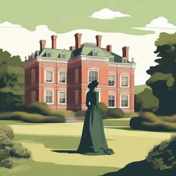 A simple vector image of a British landscape featuring a grand manor house