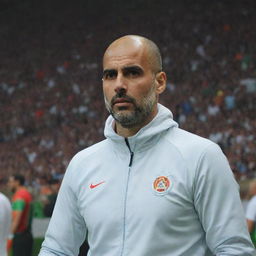 Pep Guardiola, dressed in professional football attire, standing as the coach of the Algeria national football team, in a high-intensity stadium environment populated by Algerian fans.