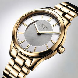 A detailed and elegant wristwatch with a sleek design, showcasing a metallic band and a sophisticated clock face with intricate details