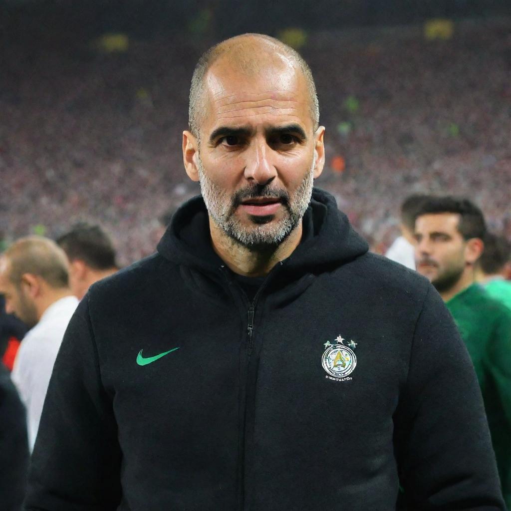 Pep Guardiola, dressed in professional football attire, standing as the coach of the Algeria national football team, in a high-intensity stadium environment populated by Algerian fans.