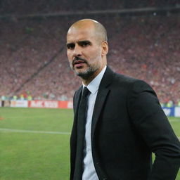 Pep Guardiola, dressed in professional football attire, standing as the coach of the Algeria national football team, in a high-intensity stadium environment populated by Algerian fans.