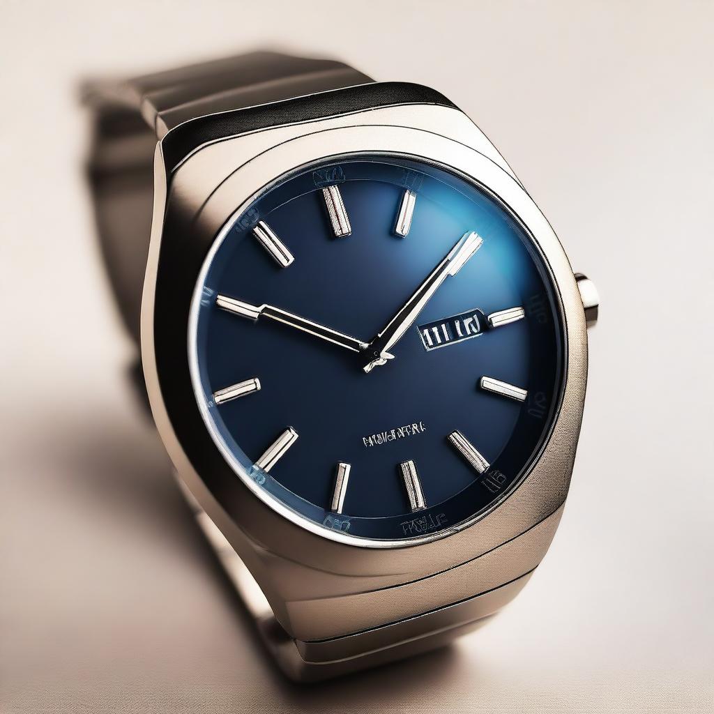 A detailed image of a modern wristwatch with a sleek design, featuring a metallic band and a digital display