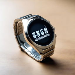 A detailed image of a modern wristwatch with a sleek design, featuring a metallic band and a digital display