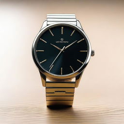 A detailed image of a modern wristwatch with a sleek design, featuring a metallic band and a digital display