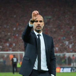 Pep Guardiola, dressed in professional football attire, standing as the coach of the Algeria national football team, in a high-intensity stadium environment populated by Algerian fans.