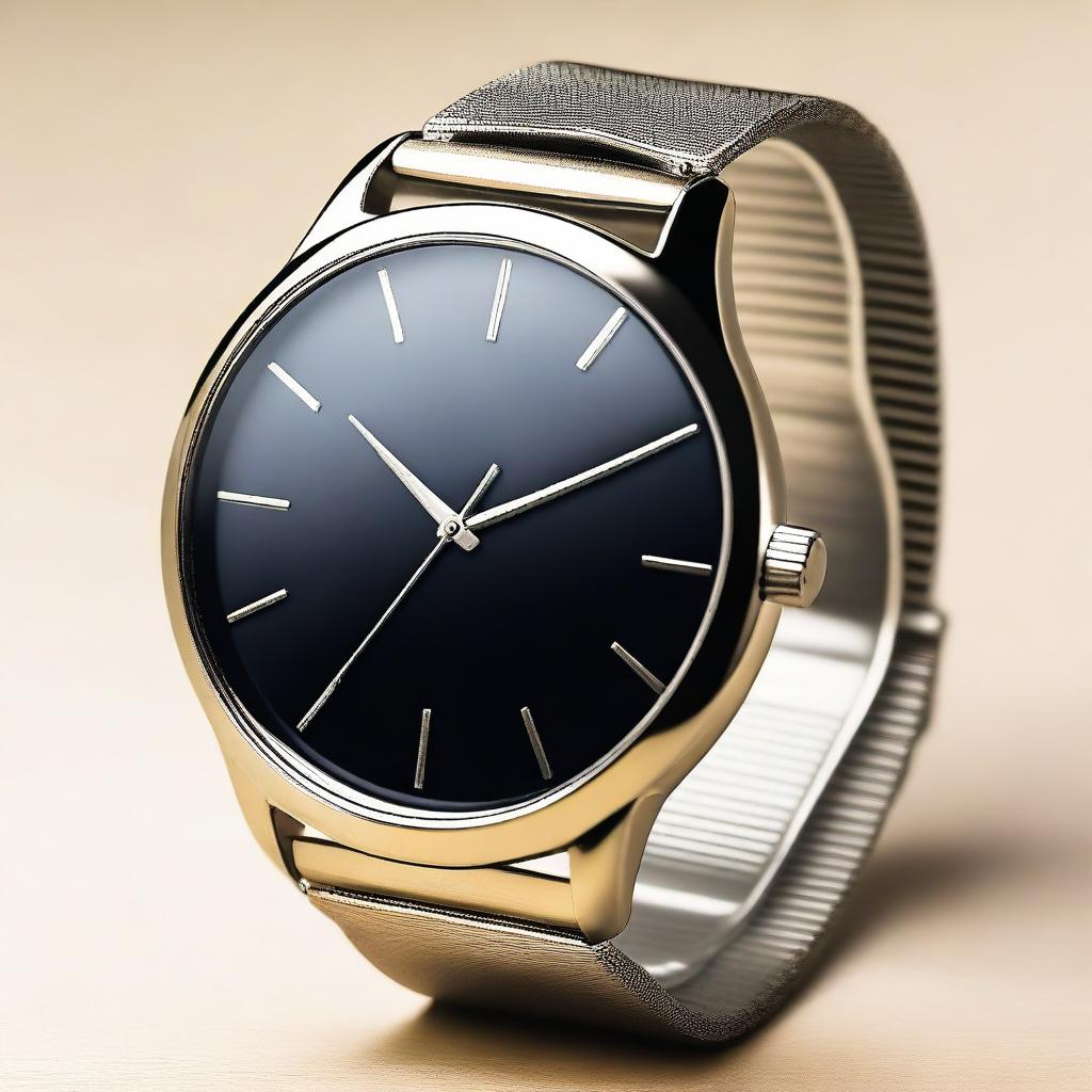 A detailed image of a modern wristwatch with a sleek design, featuring a metallic band and a digital display